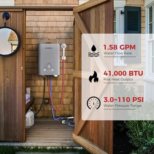 CAMPLUX 2.64 GPM Propane Portable Gas Water Heater, 68,000 BTU Outdoor Tankless Camping Water Heater with Digital Display, White