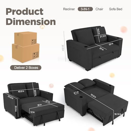 52" Convertible Sofa Bed, 3-in-1 Sleeper Sofa Pull-Out Bed, Multi-Functional Corduroy Futon Couch with Adjustable Backrest and Cup Holders, Loveseat Sofa for Small Space, Living Room, Black