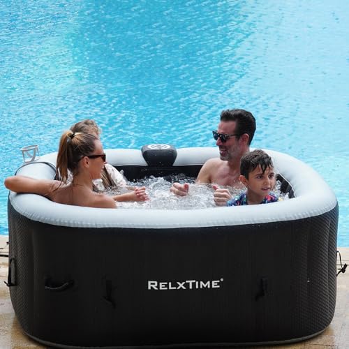 Inflatable Hot Tub 2-3 Person 110 Air Jets, Portable Blow Up Hottub with Cover, Built in Heater Pump, Square Outdoor Spa, Cup Holder, 2 Filters, Black