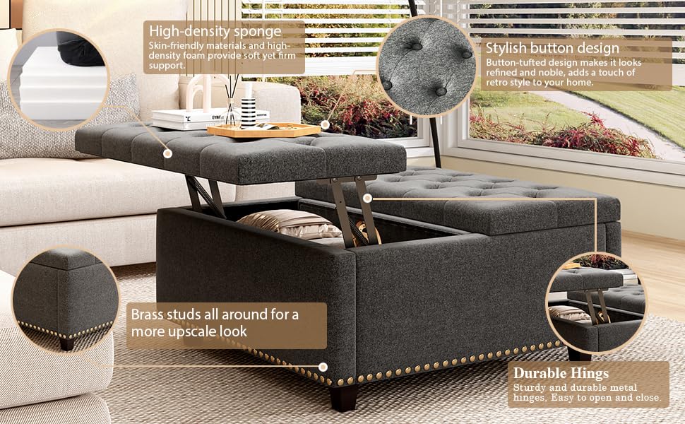 Large Square Storage Ottoman Coffee Table, 32'' Oversized Square Ottoman with Storage, Linen Upholstered Storage Ottomans with Lift Top & Nailhead Trim for Living Room, Light Grey