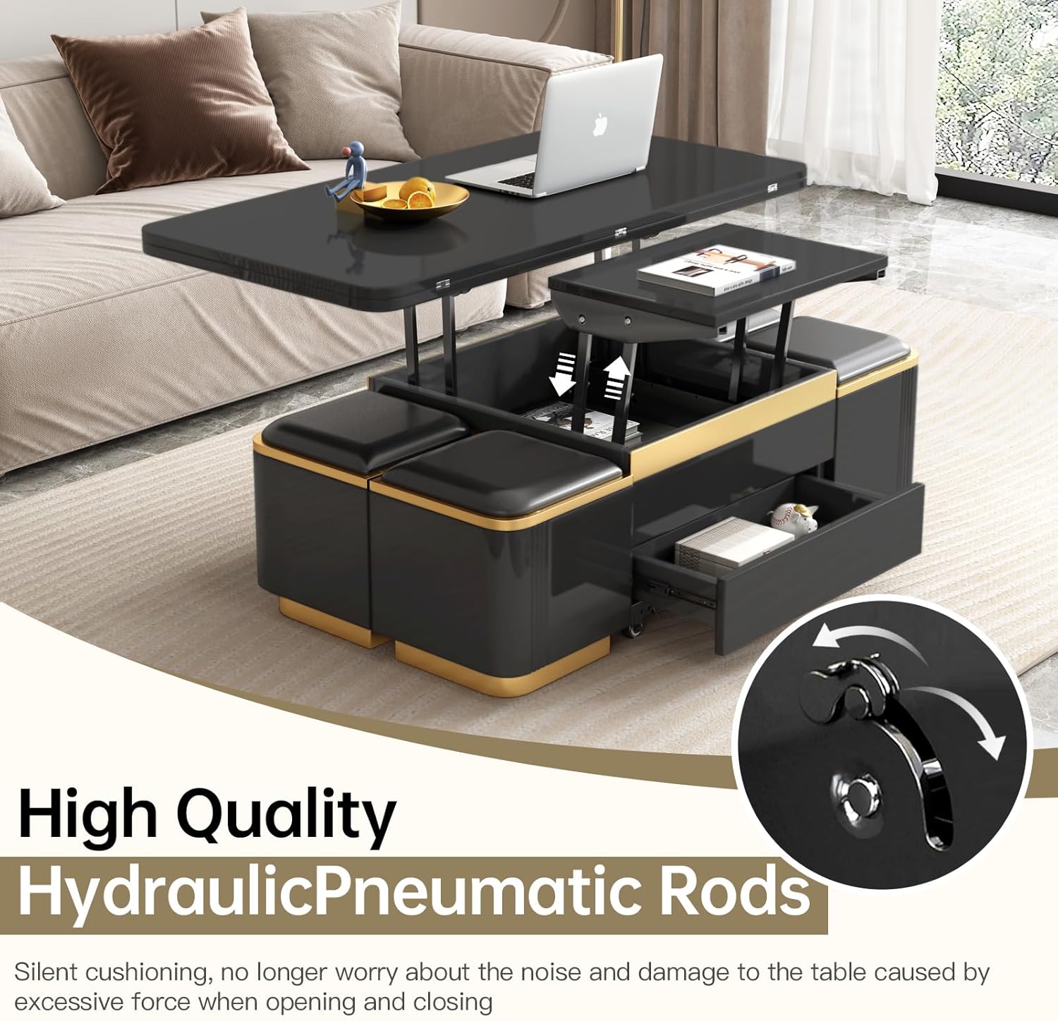 Black Lift Top Coffee Table with 4 Storage Stools, 3 in 1 Multifunctional Storage Coffee Table, Coffee Table with Lift Top, Adjustable Coffee Table Converts to Dining Table for Living Room