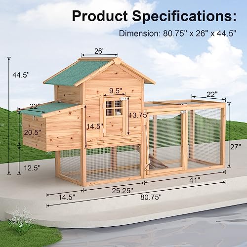 Outdoor Chicken Coop for 2-4 Chickens Wooden Hen House Poultry Pet Hutch Run Cage w/Waterproof Asphalt Roof, Ramp, Nesting Box, Wire Fence (80")