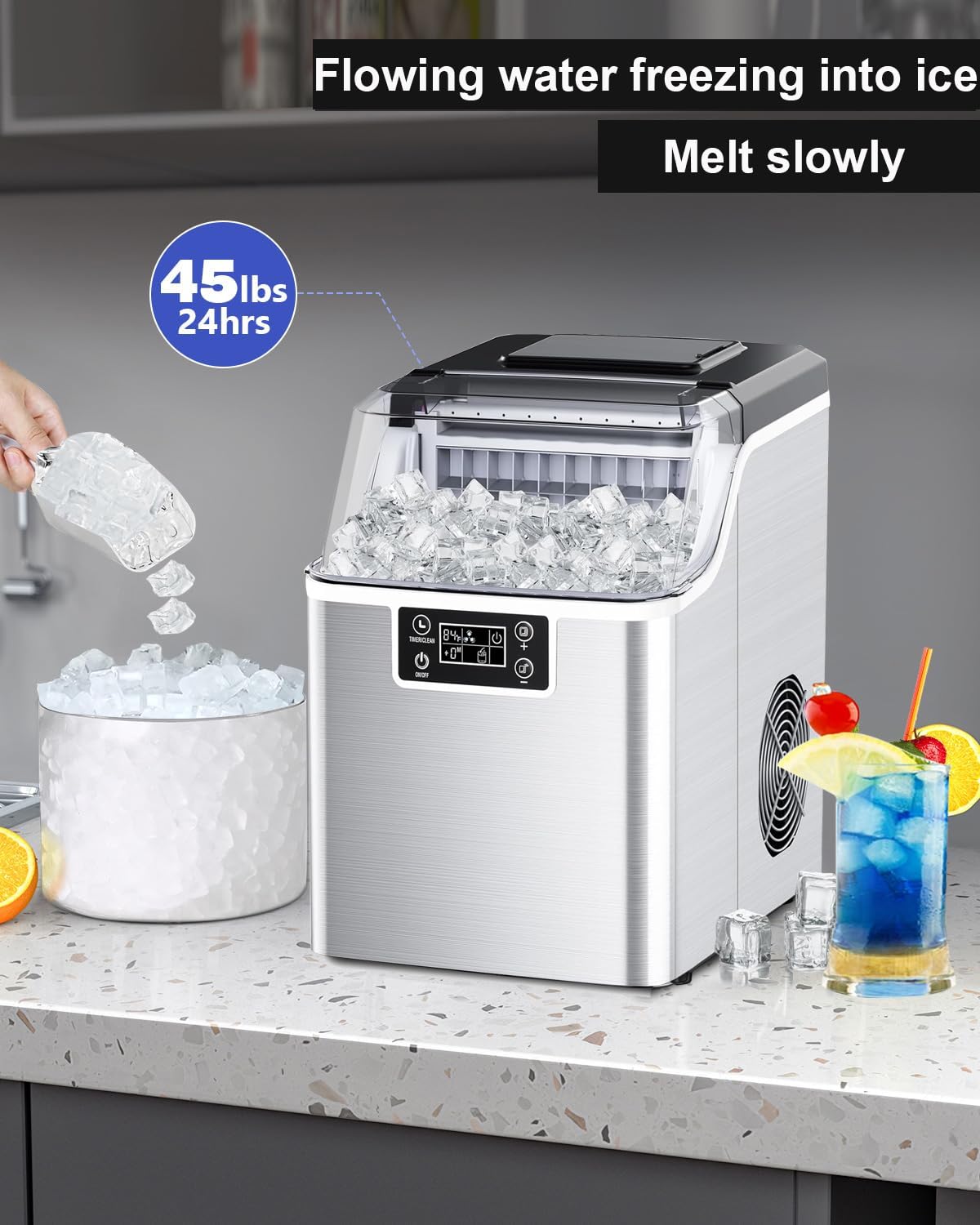 Kndko Ice Makers Countertop, 45Lbs/Day, 2 Ways to Add Water, Countertop Ice Maker, 24 Pcs Ready in 13 Mins, Self Cleaning Ice Maker, 24H Timer, Perfect for Home Bar RV, Stainless Steel Ice Maker