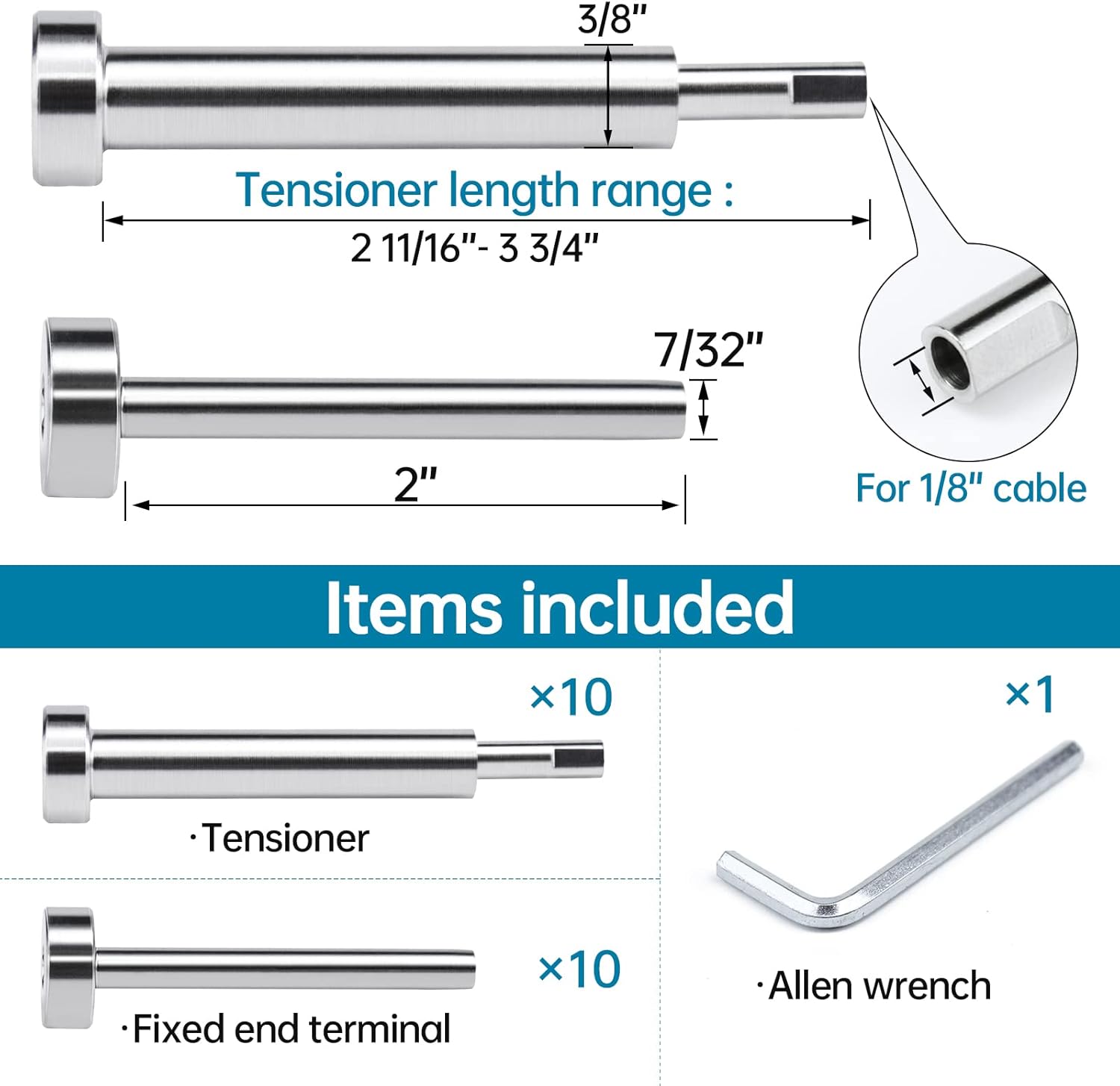 Muzata 10Pair Invisible Cable Railing kit 1/8" Swage Tensioner and Terminal Hidden T316 Stainless Steel for 2"x2" and 4"x4" Wood Metal Post Deck Stairs WoodHidden System CR26, CV1 CV2 Pack of 2