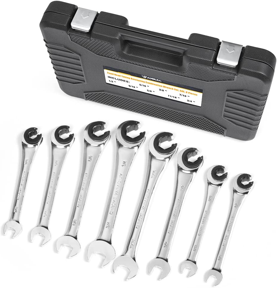 Anbull Combination Ratcheting Wrench Set SAE with Open End, Tubing Ratchet Wrench Chrome Vanadium Steel 3/8'' 7/16'' 1/2'' 9/16'' 5/8'' 11/16'' 6PCS