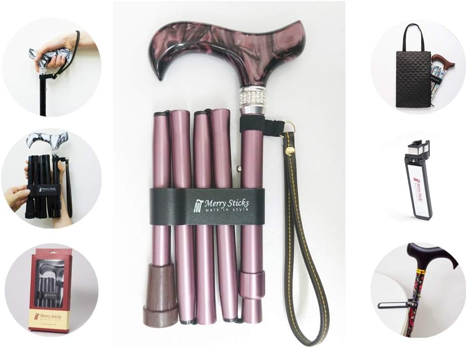 [Combo Set] Merry Sticks Designer Folding Adjustable Walking Cane. Includes a Convenient Cane Bag and a Smart Reflective Cane Holder. Walking Stick