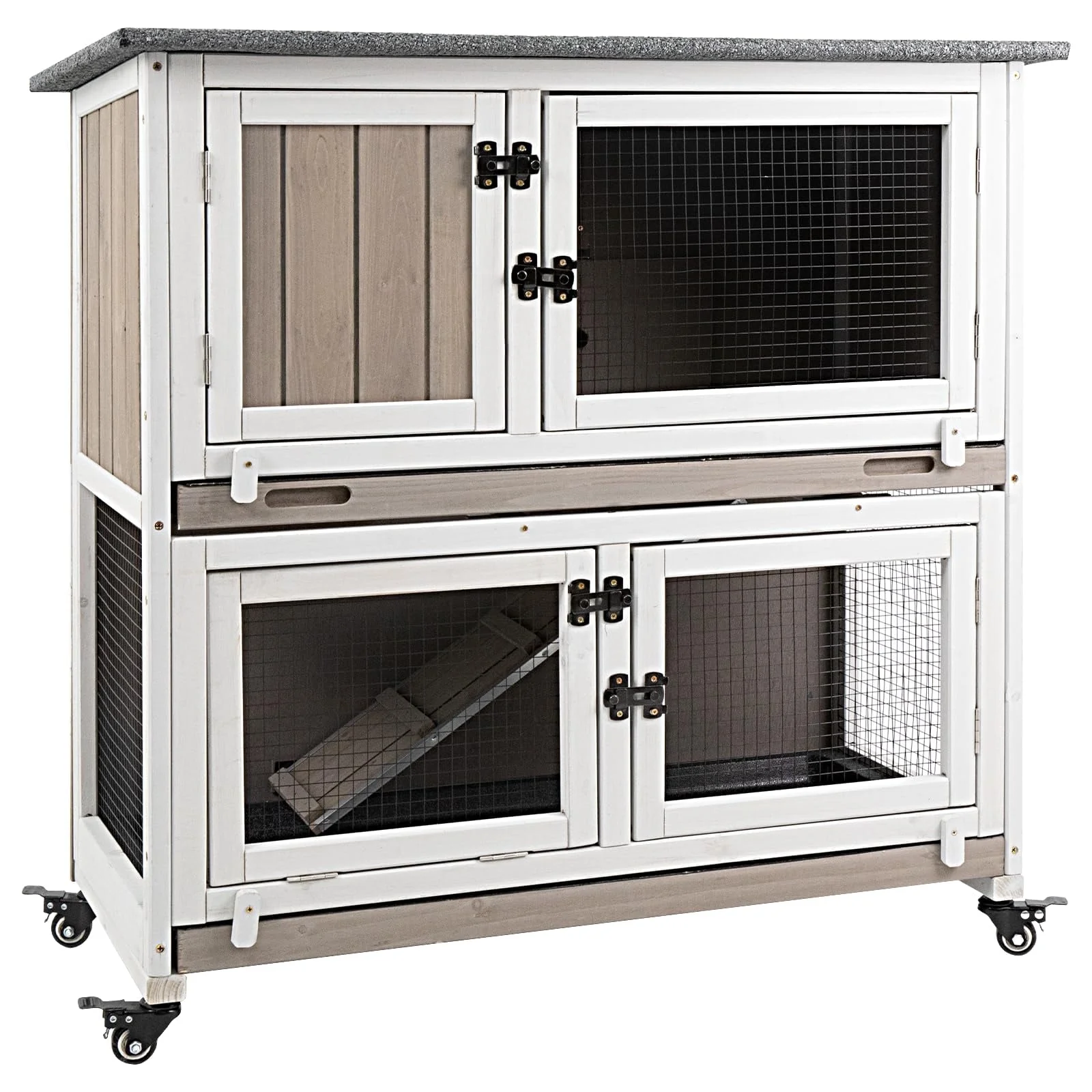 PETSCOSSET 36"L Rabbit Hutch Indoor Wooden 2 Story Bunny Hutch Rabbit Cage Outdoor Bunny Cage on 4 Metal Wheels and 2 Deeper Pull Out Trays,Ramp,Guinea Pig Pet House for Small to Medium Animals,Grey - Curated Treasures Market