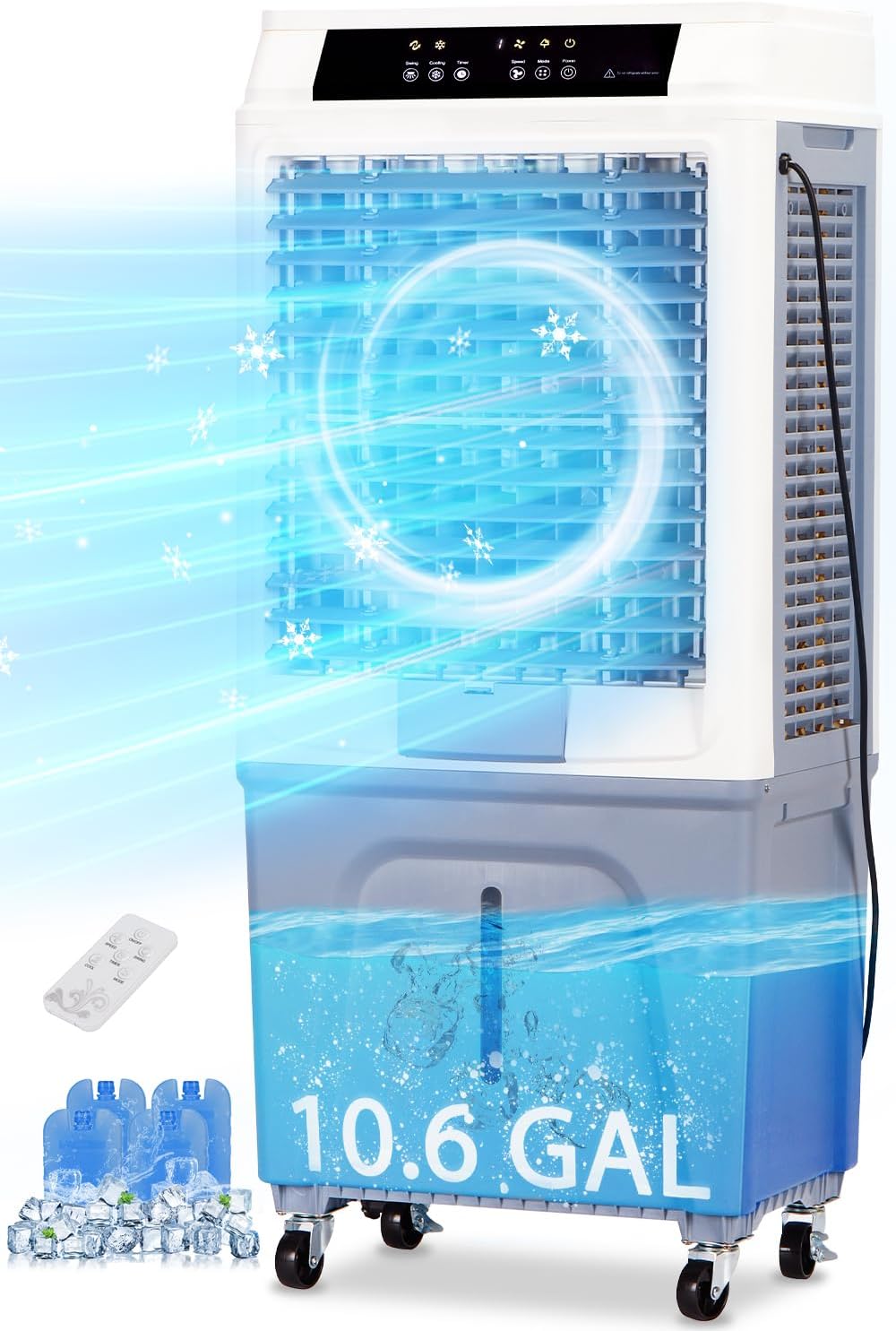 Evaporative Air Cooler, Swamp Cooler Air Conditioner with 3288CFM, 3 Speeds, 12H Timer, Portable Evaporative Cooler with 10.6 Gal Tank 4 Ice Packs for Large Room Patio Garage