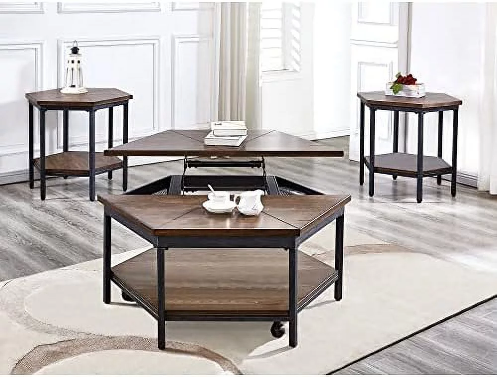 Mocha Hexagonal , Iron Base, And Unique Veneer Layup Design End Table