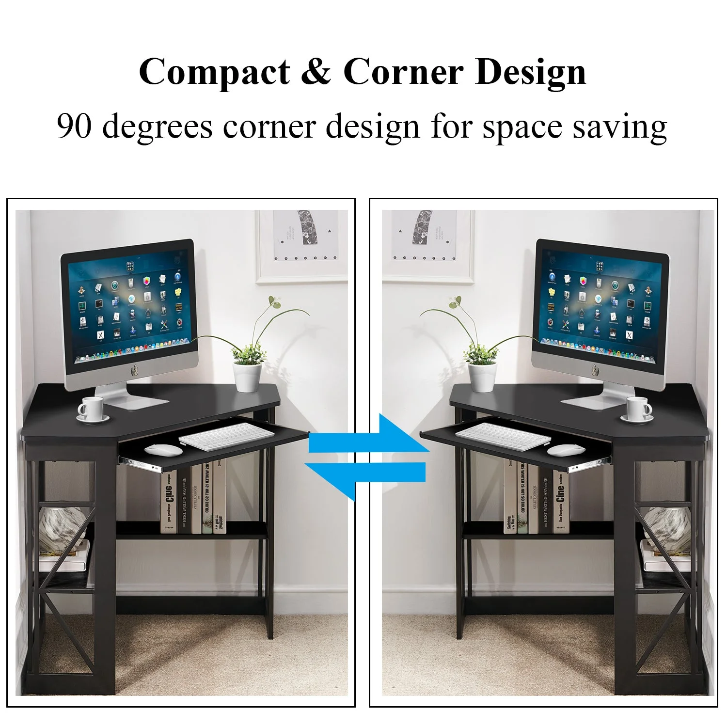 VECELO Corner Computer Desk & Chair Set, Ergonomic High Back Adjustable Height Office Chair and Study Writing Table with Keyboard Tray and Storage Shelf, Black