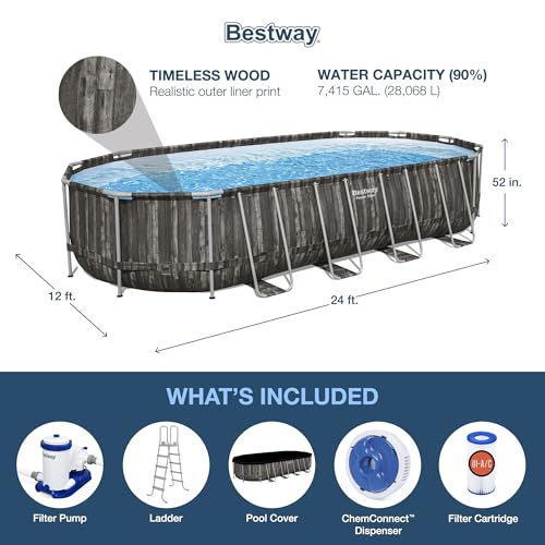Bestway Power Steel 16' x 10' x 42" Rectangular Metal Frame Above Ground Swimming Pool Set with 1000 GPH Filter Pump, Ladder, and Pool Cover