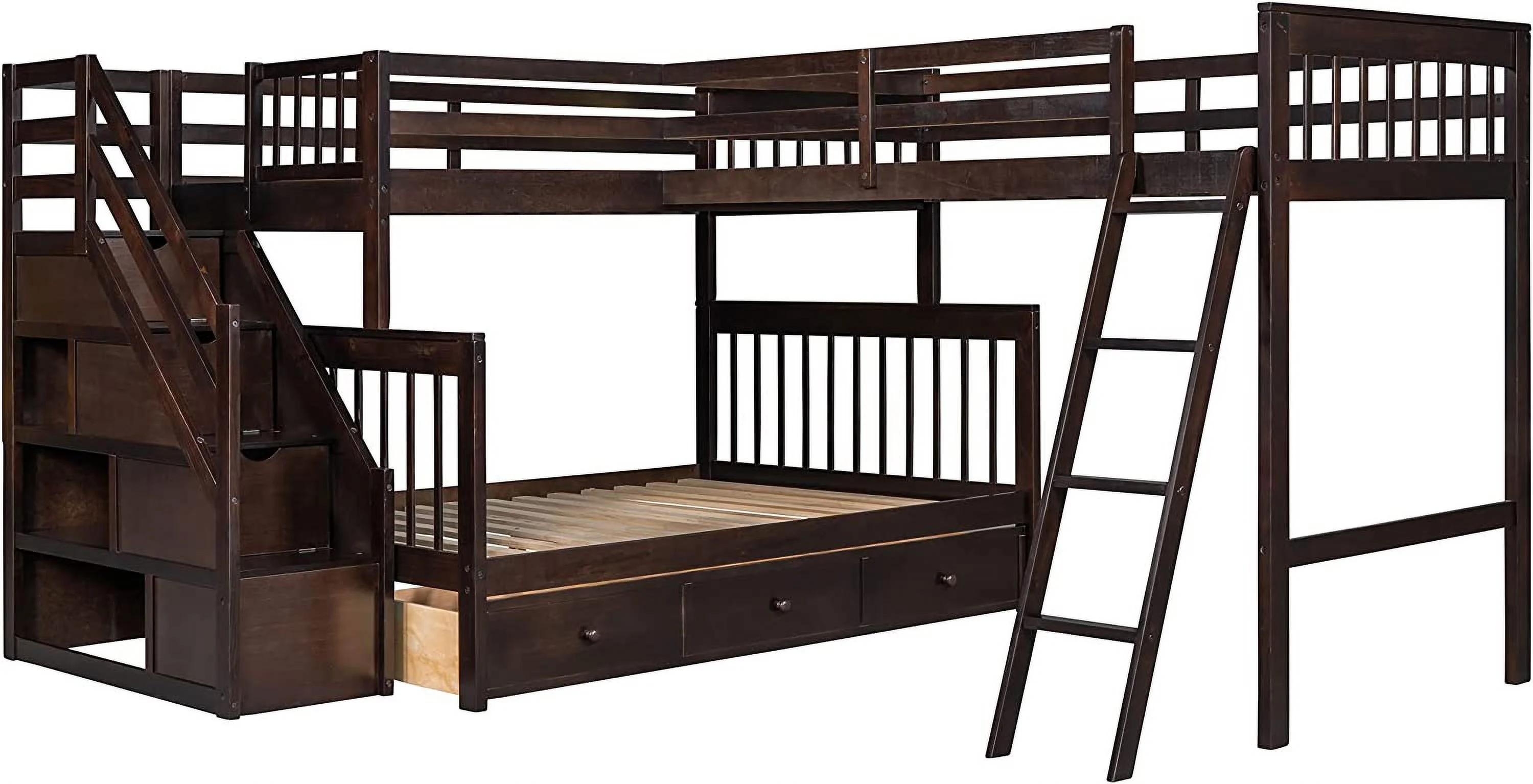 Twin Over Full L-Shaped Triple Bunk Bed for Kids, Wooden Corner Bunk Bed with 3 Storage Drawers Attached a Twin Loft Bed,Bunk Beds with Stairs and Ladder for Boys Girls Teens,Espresso