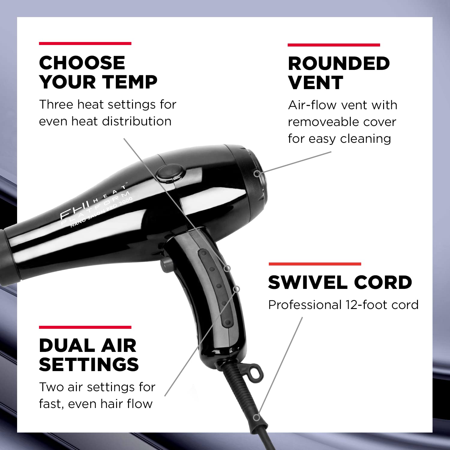 FHI HEAT Platform Nano Power Salon Pro 2000 Tourmaline Ceramic Quick Dry Hair Dryer with 3 Piece Attachment Set (Comb, Concentrator, and Diffuser), Black