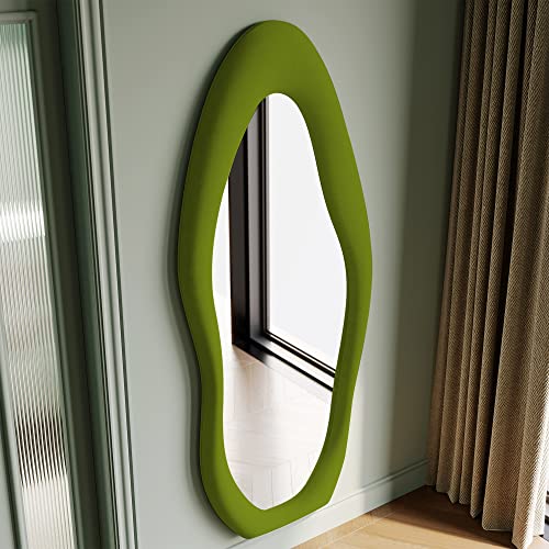 Honyee Full Length Mirror, 63" x 24" Wall Mirror, Flannel Wrapped Wooden Frame Floor Mirror, Irregular Wavy Mirror Hanging or Leaning Against Wall for Cloakroom/Bedroom/Living Room, Milk Tea