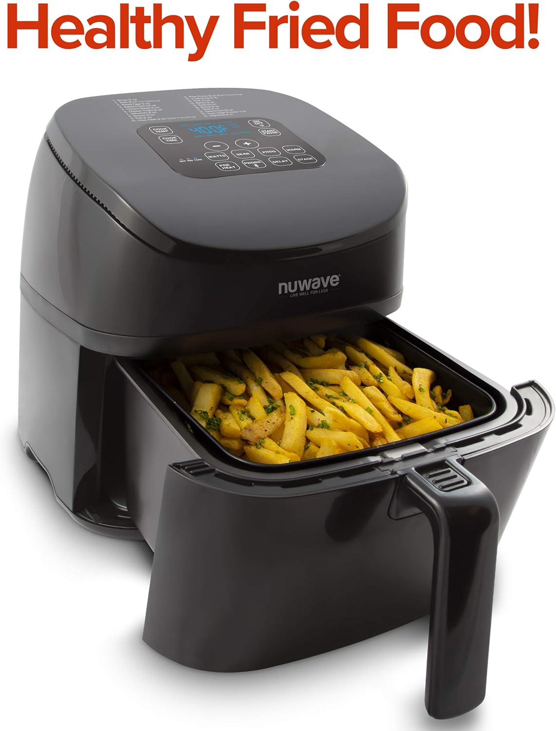 NUWAVE Brio 4.5-Quart Digital Air Fryer includes precise temperature control, one-touch digital controls, 6 easy presets, wattage control, recipe book, Nuwave Cooking Club App, and advanced functions like PREHEAT or REHEAT