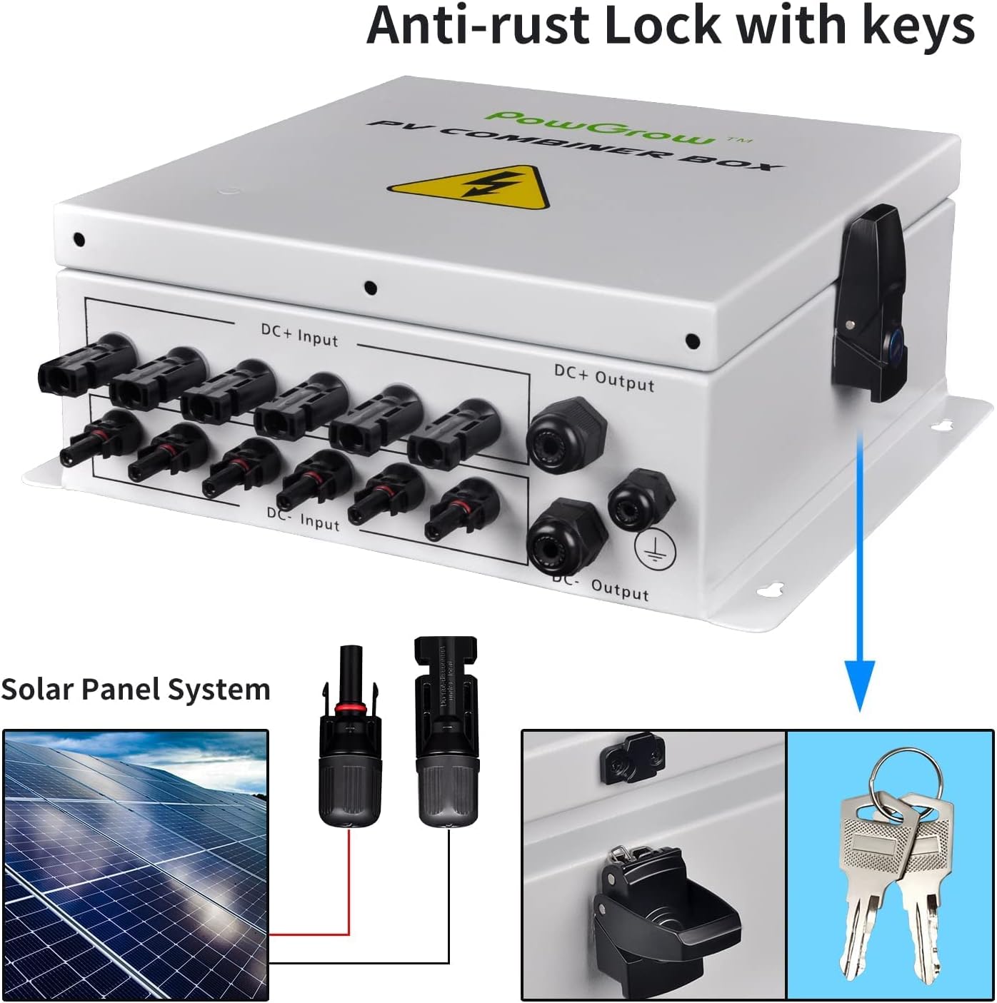 PowGrow PV Combiner Box, 6 String Solar Combiner Box with 15A Rated Current Fuse, Surge Protective Device and 63A Air Circuit Breaker for On/Off Grid Solar Panel System, Pre-Wired Cable, Metal Box