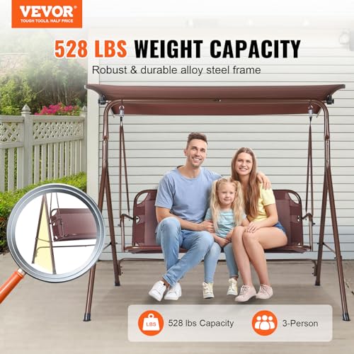 VEVOR 3-Seat Patio Swing Chair, Converting Canopy Swing, Outdoor Patio Porch with Adjustable Canopy, Removable Thick Cushion and Alloy Steel Frame, for Balcony, Backyard, Poolside, Brown