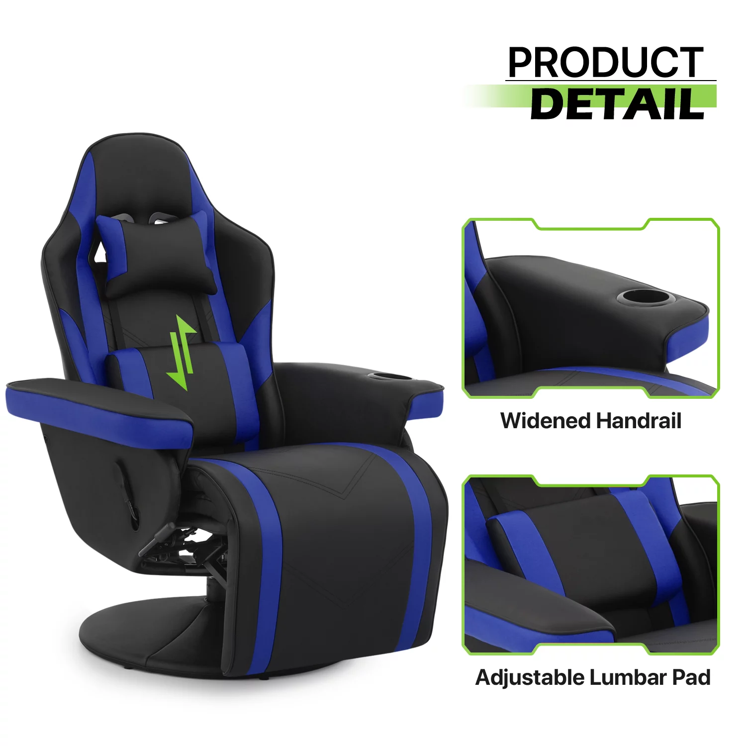 Magshion Gaming Recliner Chair, Ergonomic Reclining Video Gaming with Lumbar Support, Leather Theater Seating with Cup Holder, Blue