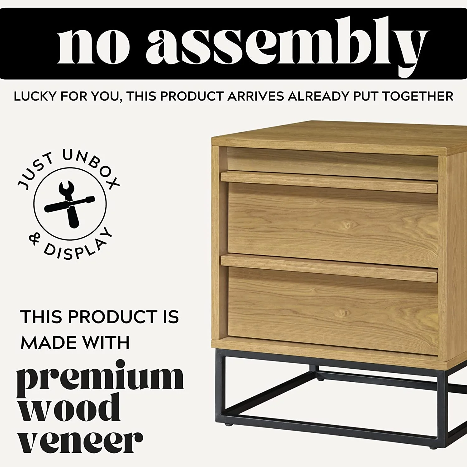 Cyra Natural Oak Nightstand - Fully Assembled Solid Wood Night Stand With Two Drawers, Black Metal Base - Ideal Wooden Nightstand For Bedroom