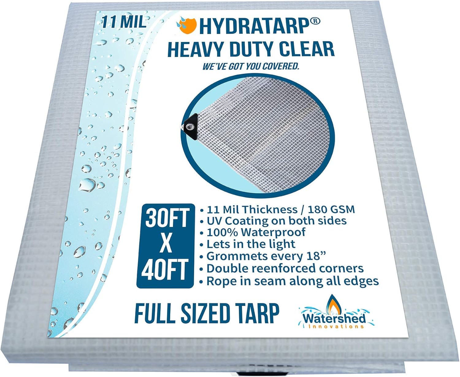 Watershed Innovations HydraTarp, UV Coated 11 Mil Thick Clear Greenhouse Tarp for Outdoor Camping, RV, Trucks and Trailers, 20 by 30 Feet