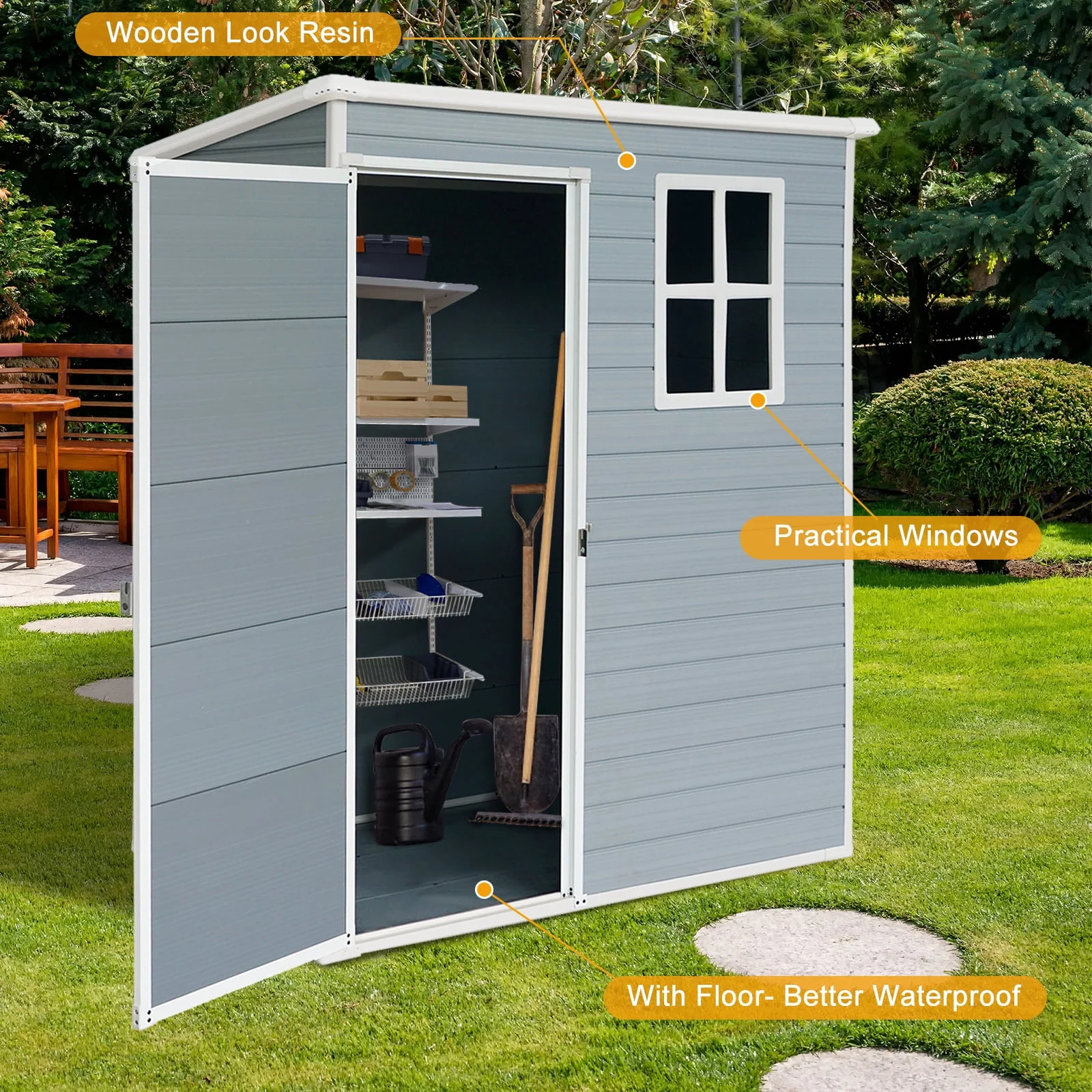 6' x 4.4' Plastic Outdoor Shed, All-Weather Resin Large Backyard Storage Sheds with Reinforced Floor, Lockable Door Garage Patio Garden Storage Shed