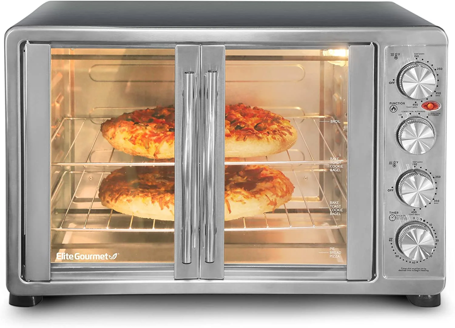 French Door 47.5Qt, 18-Slice Convection Oven 4-Control Knobs, Bake Broil Toast Rotisserie Keep Warm, Includes 2 x 14" Pizza Racks,