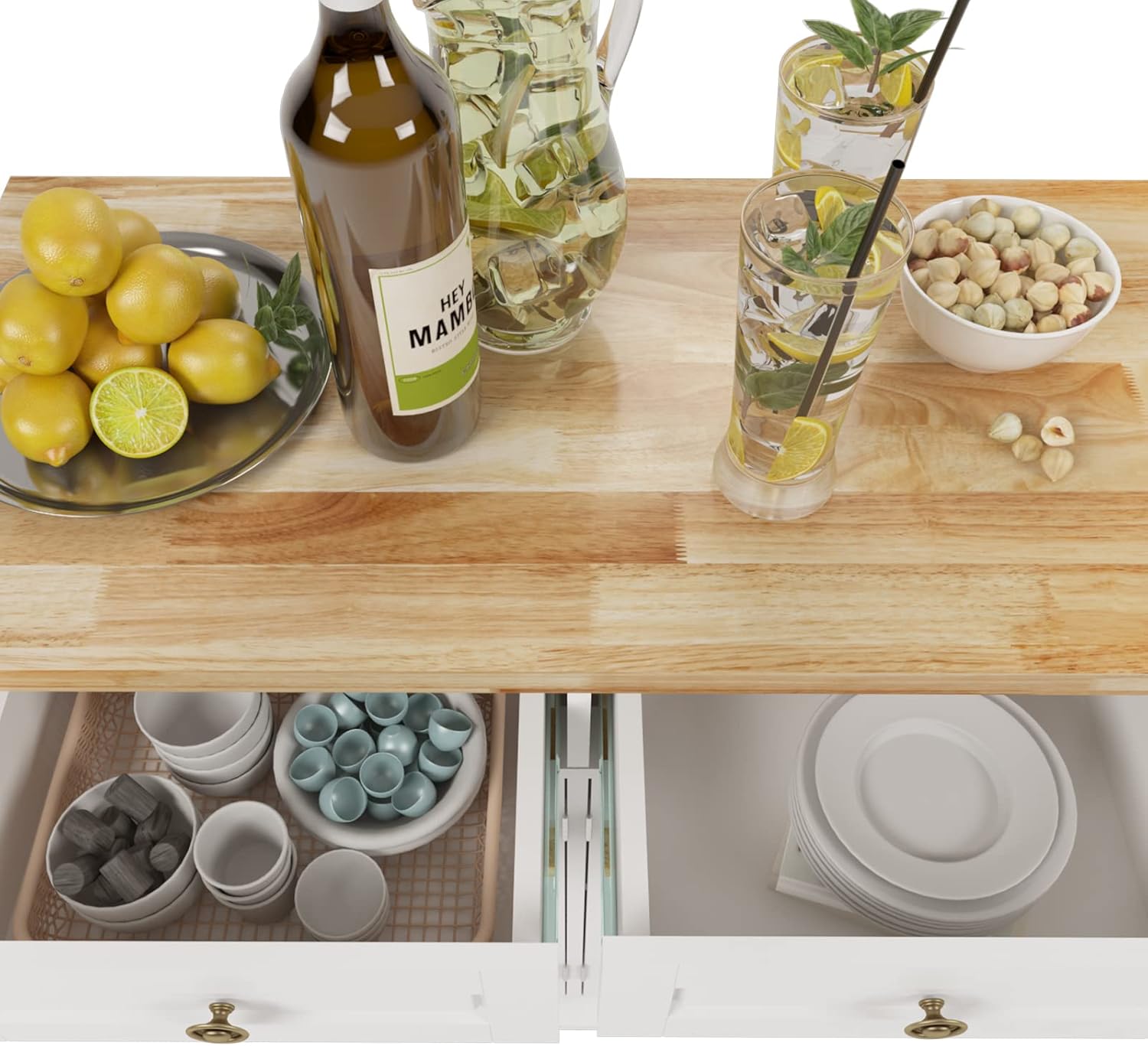 soges Rolling Kitchen Island Cart with Storage, Wood Trolley Cart with Spice and Towel Rack, Mobile Kitchen Storage Cabinet Island Table on Wheels, Serving Cart with Cabinet and Drawers,FZSR-HT01WT