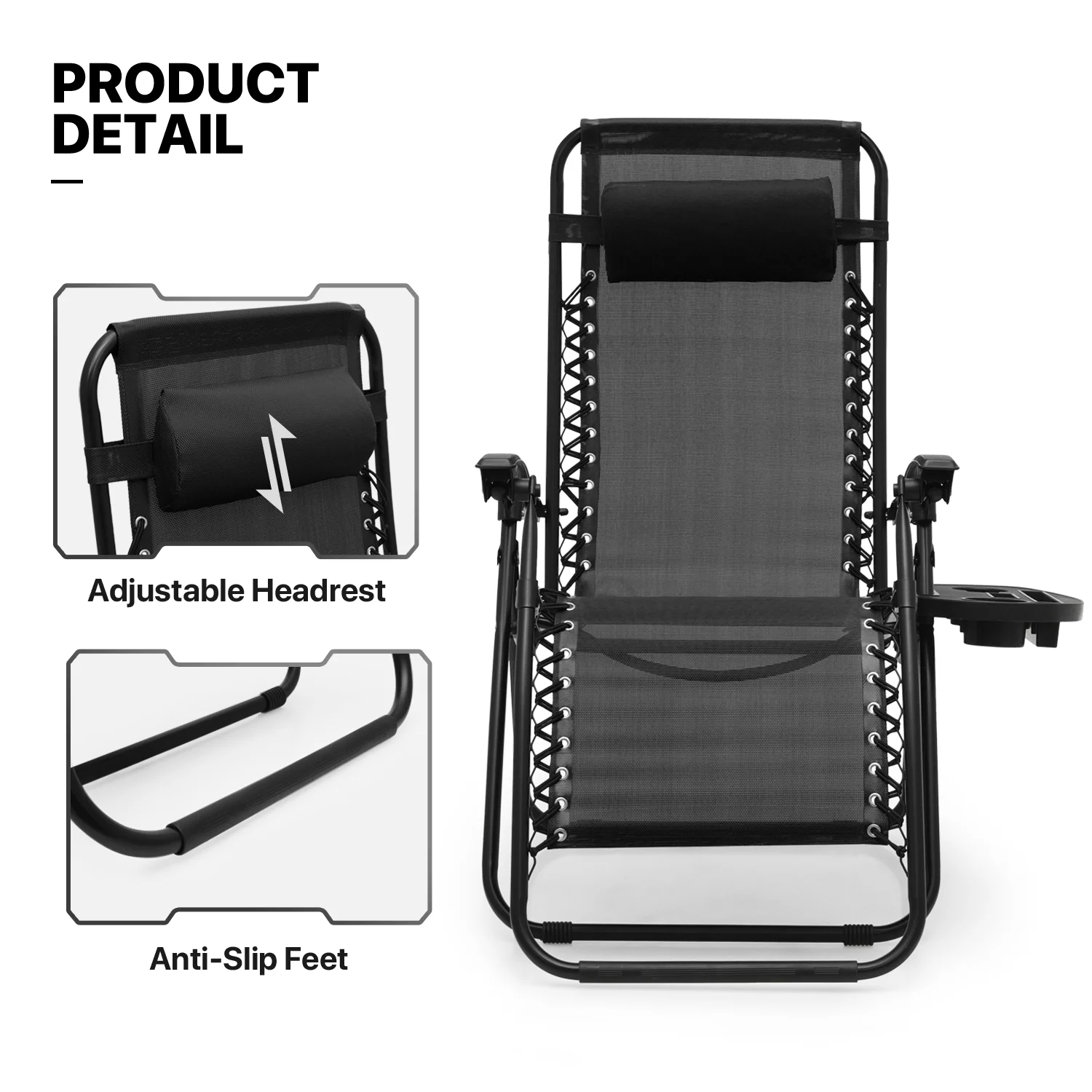 MoNiBloom Patio Zero Gravity Chair Set of 2, Folding Adjustable Reclining Beach Lawn Lounger with Pillow and Cup Holder, Black
