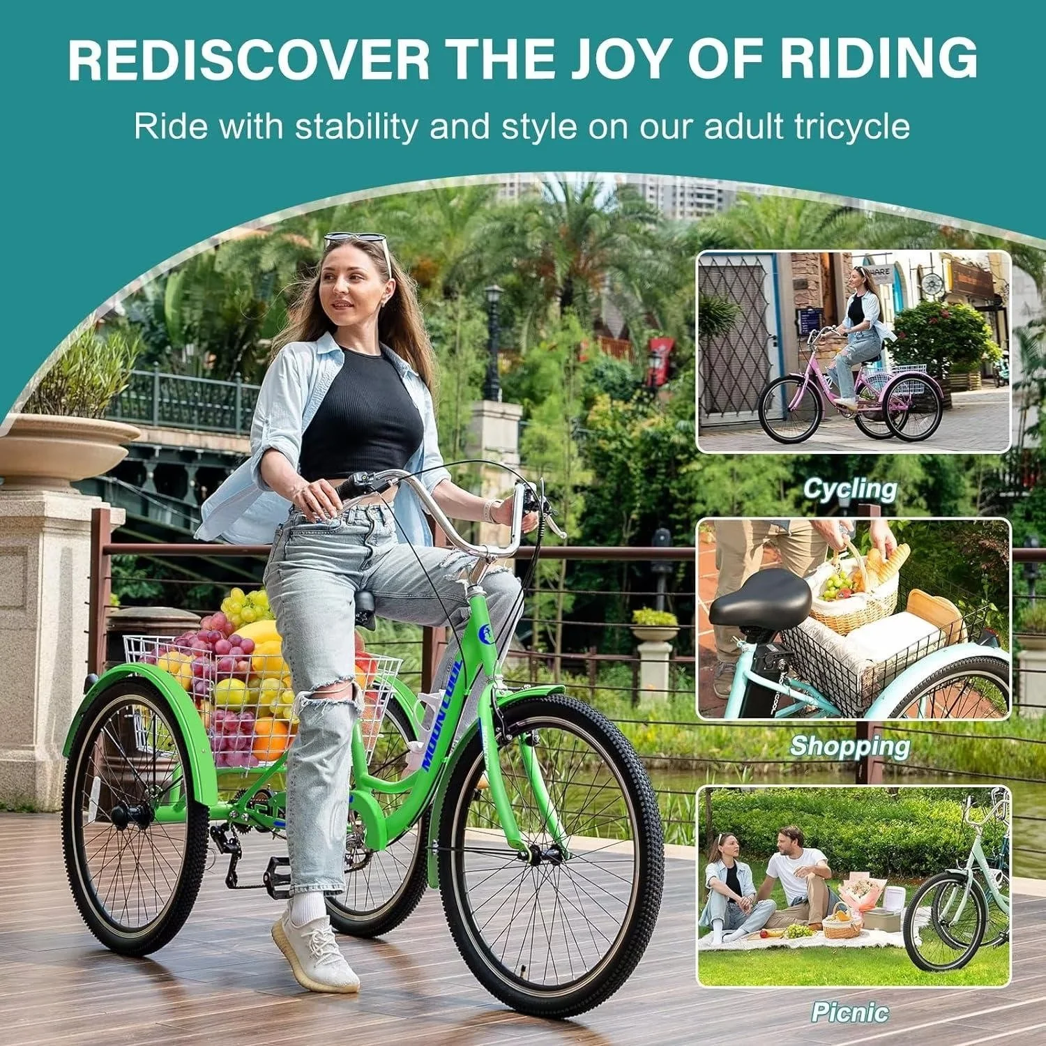 MOPHOTO Adult Tricycles 3 Wheel 7 Speed Trikes, 20/24/26 inch with Big Basket for Shopping, Picnics Exercise Men's Women's Senior's Trike