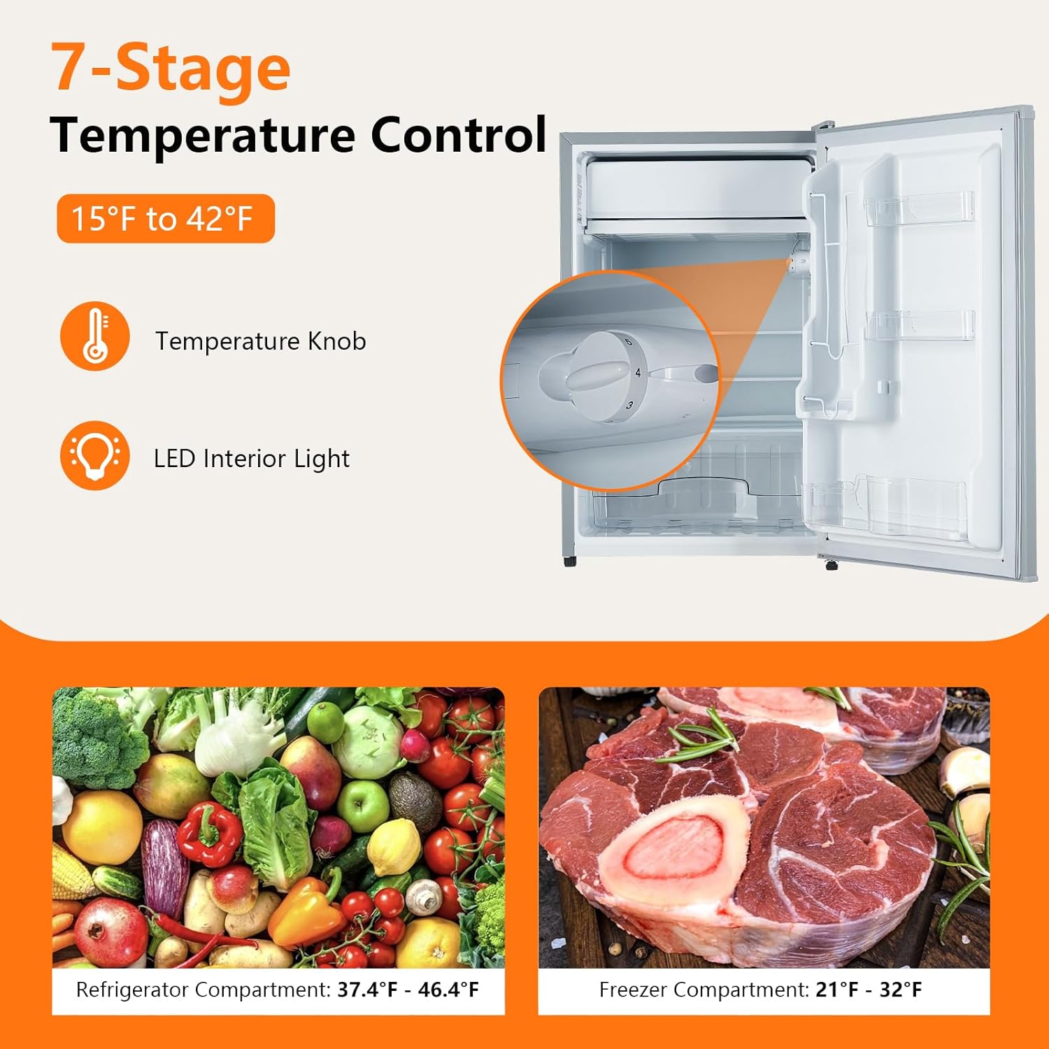 Mini Refrigerator with Freezer, 4.3 Cu.Ft. Compact Refrigerator, 7 Settings Temperature Adjustable, Removable Glass Shelves Dorm Fridge for Garage,Bedroom, Office, Apartment, Grey
