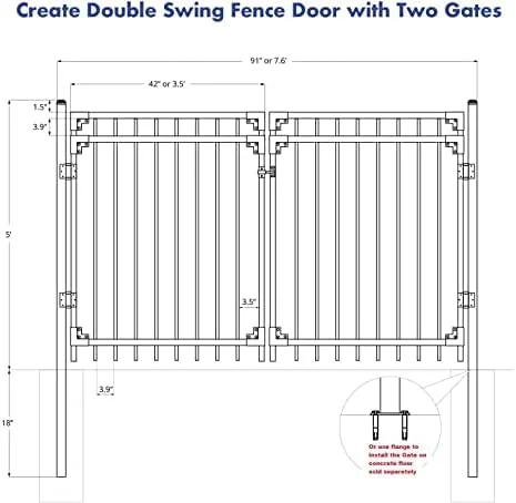 XCEL Fence Cortina Black Steel Anti-Rust Fence Gate - Flat Top - Flat Bottom Pickets - 5'H X 4'W - Easy Installation - for Residential, Outdoor, Yard, Garden, 3-Rail, Two Post Included