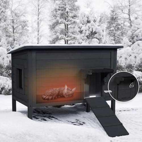 BRIOPAWS Outdoor-Cat-House-Insulated | Feral-Cat-Shelter for Winter | Weatherproof | Large Wooden Pet House for Multiple Cats | Foldable Ladder | Acrylic Side Window | Grey