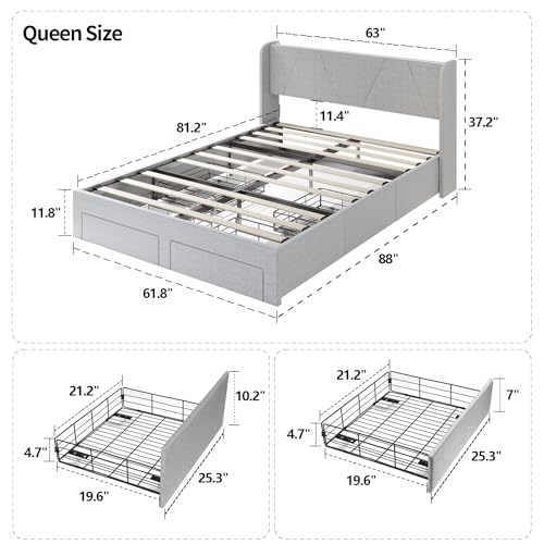 VOWNER Queen Bed Frame with Storage Headboard & 4 Drawers, LED Upholstered Bed Frame with Charging Station, Wood Slats Support No Box Spring Needed, Light Grey