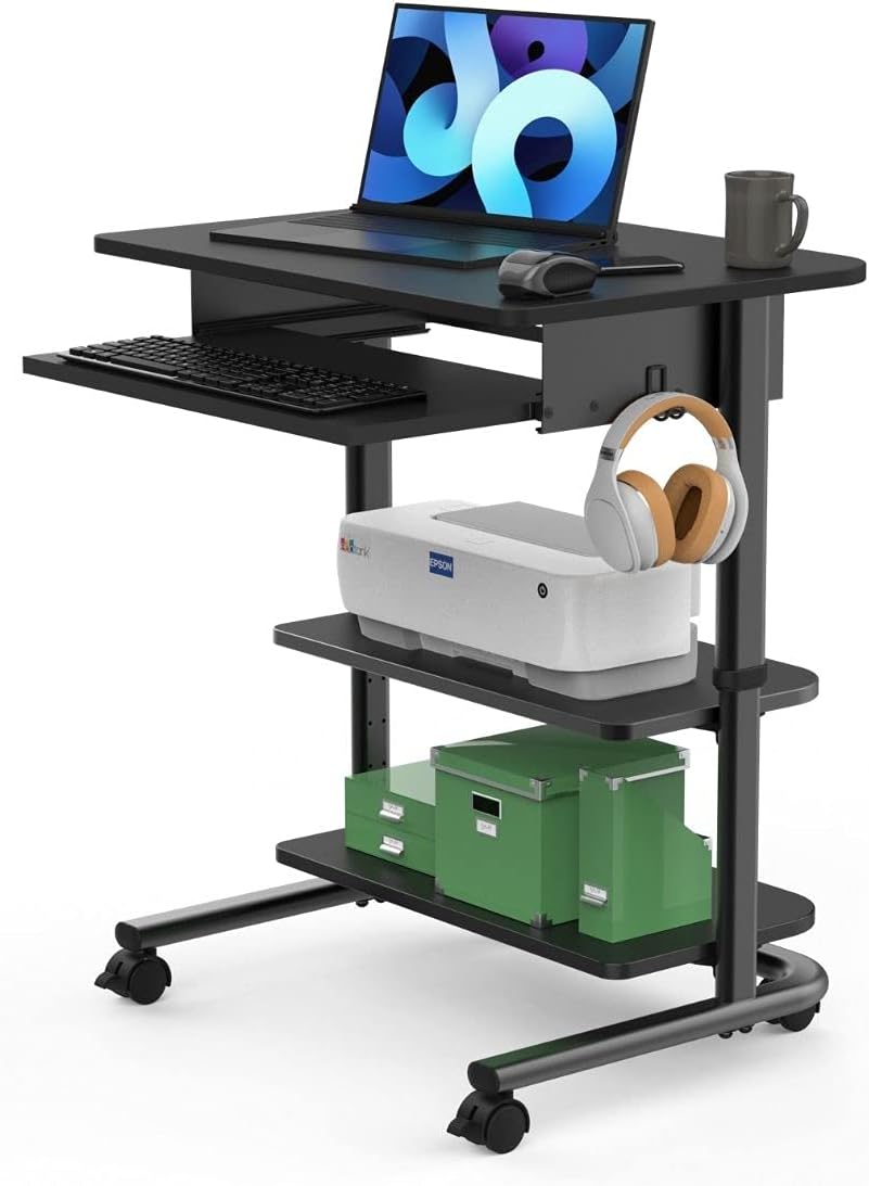 Adjustable Height Mobile Workstation with Retractable Keyboard Tray (Charcoal Frame/White Oak Top, 29” Wide)