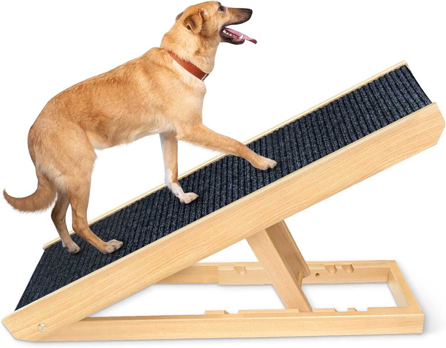 Peclot Adjustable Pet Ramp, Folding Portable Natural Wooden Ramp for All Dogs & Cats, Non Slip Carpet Surface Ramp for Bed, Couch &Car, 40” Long and Height Adjustable from 9” to 24, Up to 100 Lbs