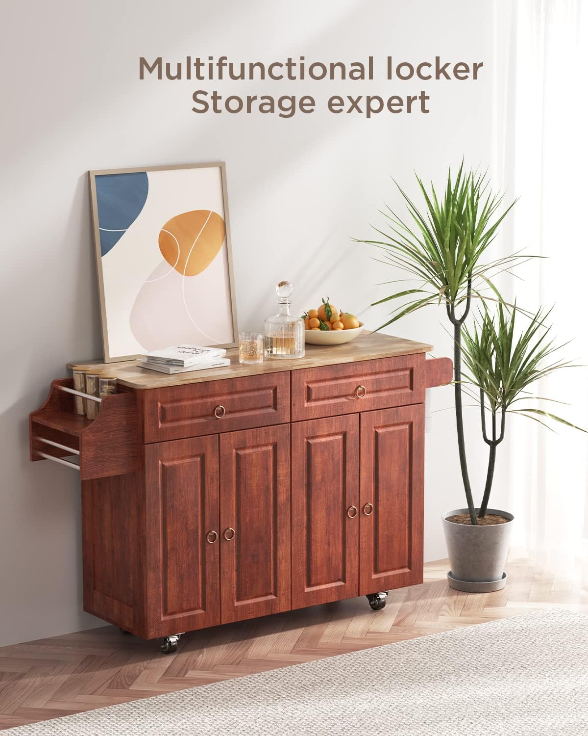 Qsun Kitchen Island with Drop Leaf Countertop, Wood Kitchen Island Cart on Lockable Wheels with Two Large Drawers and Two Large Storage Cabinet with Double Doors, Brown