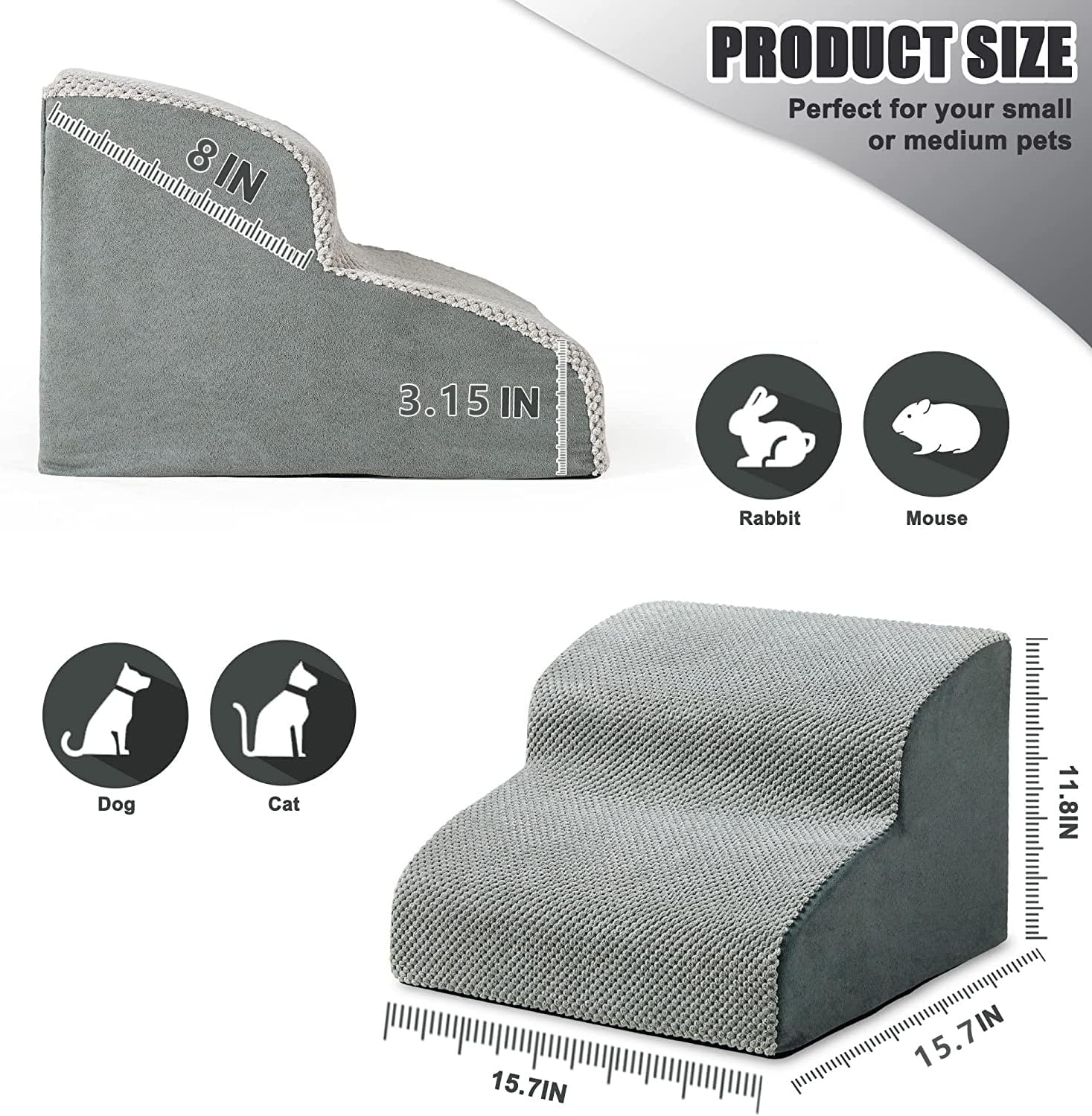 MALOROY Foam Dog Ramps, Dog Stairs Ladder Pet Ramp Stairs Non-Slip Pet Step for Older Dogs, Pet with Joint Pain, Sofa Bed Ladder for Cats (Grey)