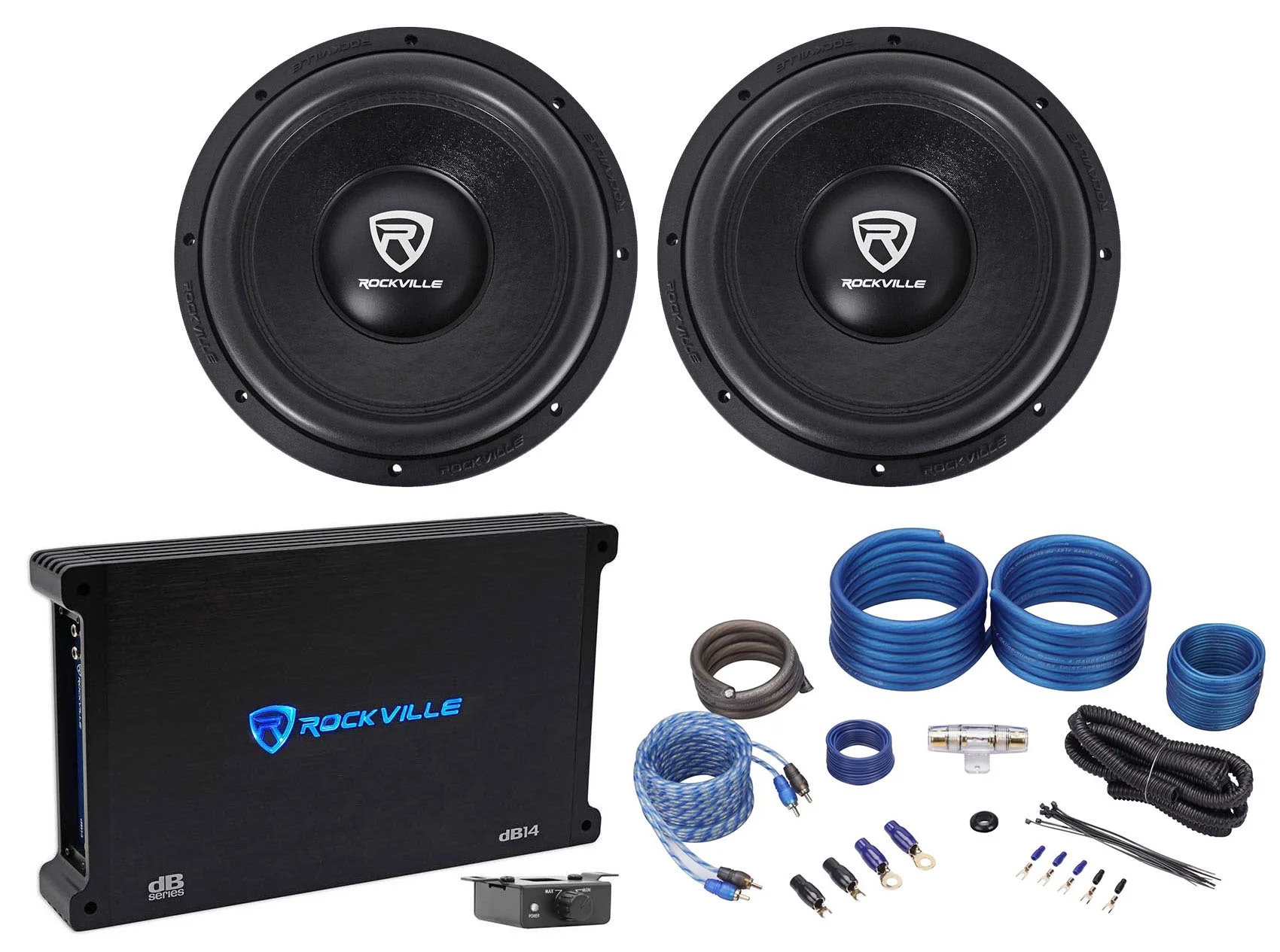 (2) Rockville W12K6D2 V2 12" 4800w Car Audio Subwoofers+Mono Amplifier+Amp Kit