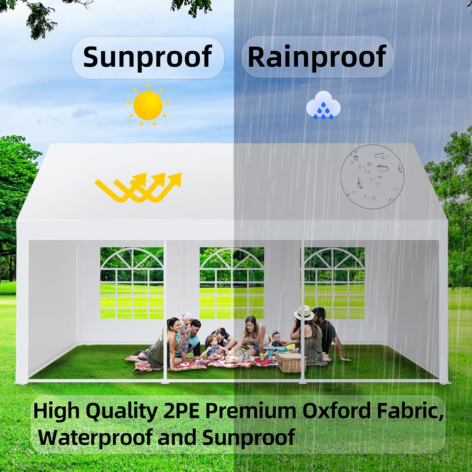 Acekool 20 x 20 FT Outdoor Party Tent Canopy Wedding Patio Camping Gazebo Shelter Pavilion Cater Wedding BBQ Events Tent w/Removable Sidewalls & 3 Storage Bags, White