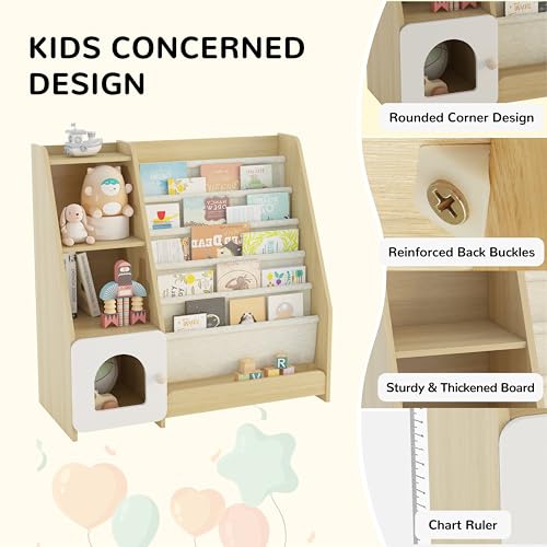 Montessori Kids Bookshelf, 5 Sling Baby Bookcase, 4 Tier Display Shelves, Wooden Book Rack, Toddler Toy Storage Organizer Cabinet, Floor Children Bookshelf Nursery Playroom Bedroom Library, Natural