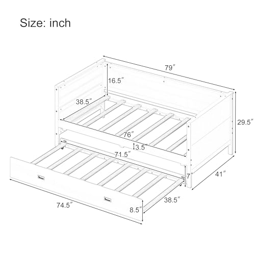 Harper & Bright Designs Twin Size Solid Wood Daybed with Trundle for Kids Teens Dorm Bedroom Multipurpose Guest Room or Home, White