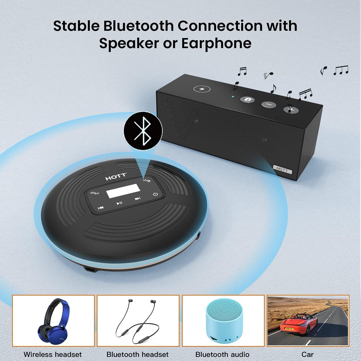 HOTT CD903TF Portable CD Player for Car 1800mah Rechargeable HiFi Bluetooth 5.0 FM Transmitter Anti-Skip Shockproof with AUX Output TouchButtons ,Headphones Anti-Shock Protection-Black