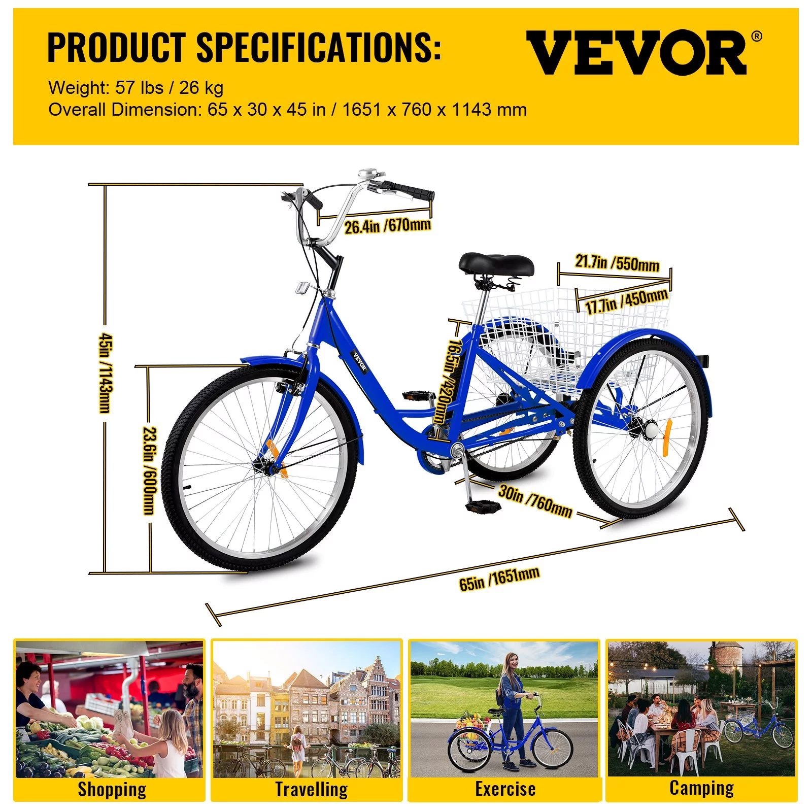 VEVOR Adult Tricycle 24" Single Speed Three Wheel Bike with Bell Brake System and Basket Cruiser Bicycles Large Size for Shopping,Blue
