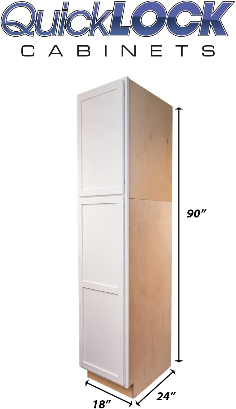 Quicklock RTA (Ready-to-Assemble) | Base Kitchen Cabinets - Shaker Style | 100% Plywood | Made in America | Soft Close Hardware (Pure White, 24" D x 18" W x 90" H Pantry)