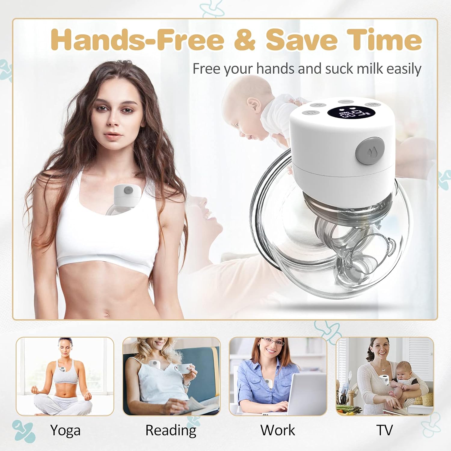 LORYHALL Electric Wearable Breast Pump, Hands Free Electric Breast Pump, Portable Breastfeeding Can Be Worn in-Bra, Spill-Proof Ultra-Quiet Pain Free, 2 Mode & 9 Levels, LCD Display - 17/19/21/24mm