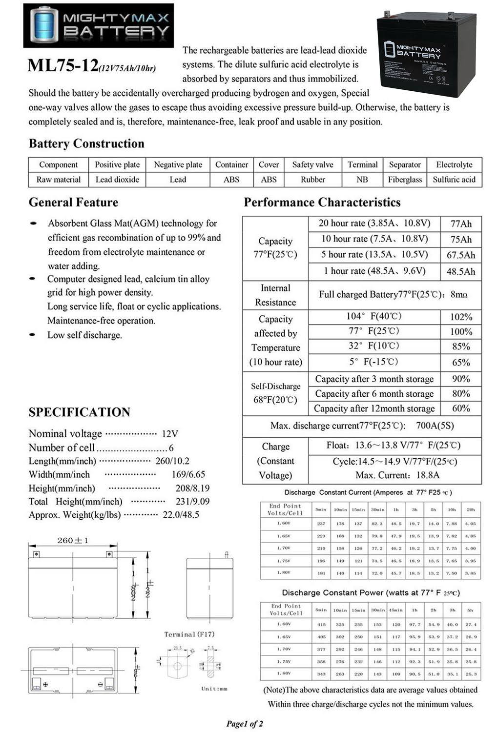 Mighty Max Battery - 12V 75Ah Battery Replacement for Pride Mobility Jazzy 1450 - ML75-1219845856830