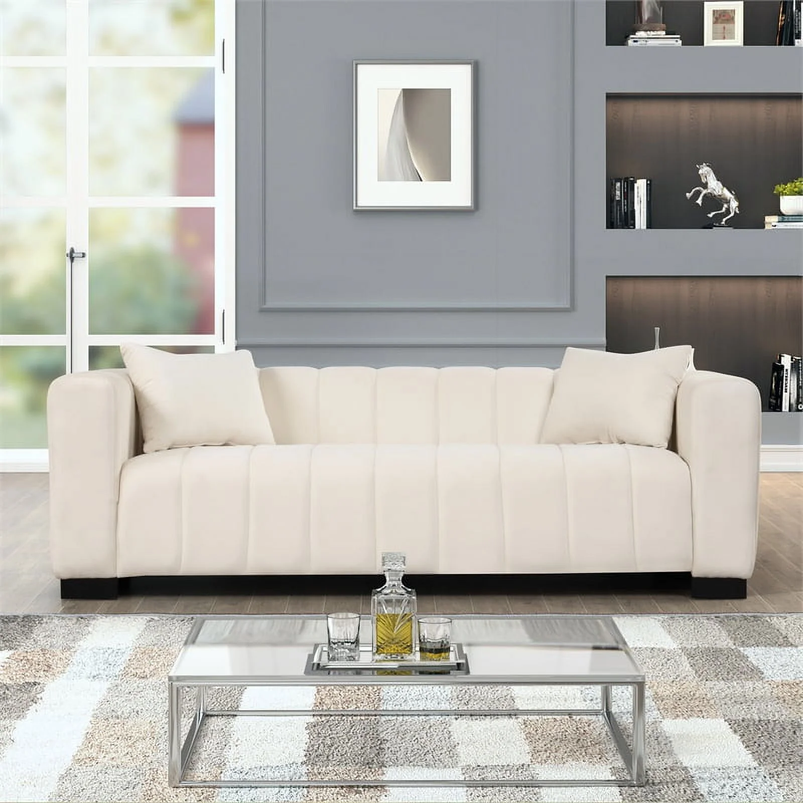 Rnfurnishings 3-PC Living Room Furniture Velvet Sofa+Loveseat+Armchair Set-Beige