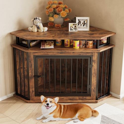 IRONCK 51" Corner Wooden Dog Crate Furniture with 2-Tier Shelves, Pet Kennel for Large Dogs, Space-Saving Dog Cage Indoor, Rustic Brown (26.7" L x 51.2" W x 33.5" H)