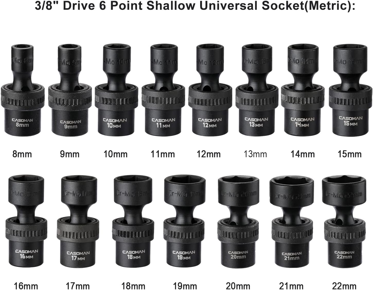 CASOMAN 15 PCS 3/8" Drive Shallow Universal Impact Socket Set, 6 Point, Metric,8-22mm