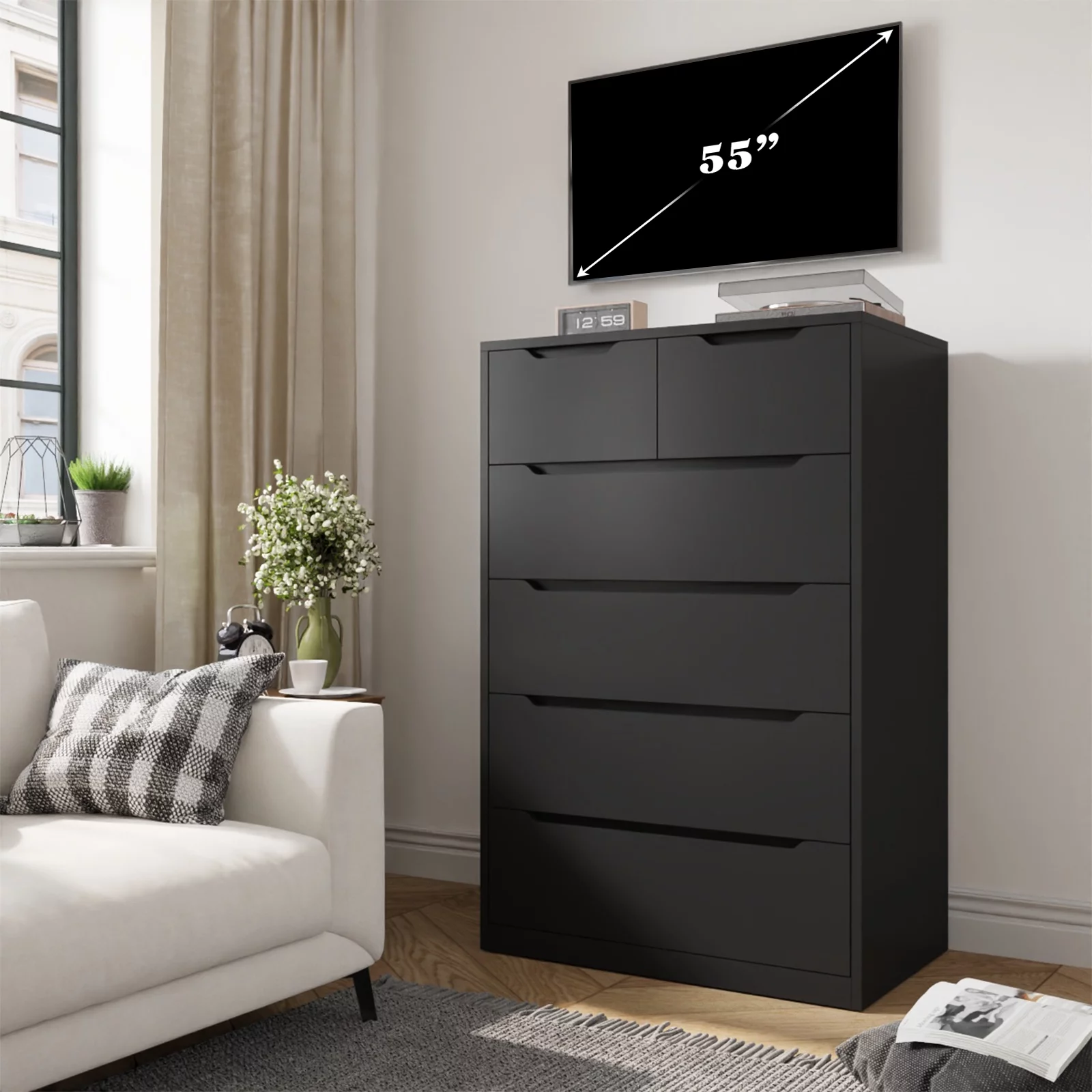 EnHomee Black Tall Dresser Wood 6 Drawer Dressers for Bedroom Wood Chest of Drawers with Smooth Metal Rail Large Dresser Modern Storage Cabinet for Home Office Living Room, 43.3"H x 27.5"L x 15.7"D